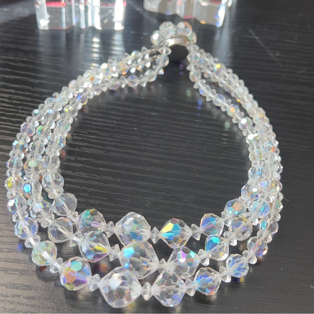 Vintage Aurora Borealis Glass Beaded Three Tiered Choker Style Necklace/Earrings - Picture 5 of 9